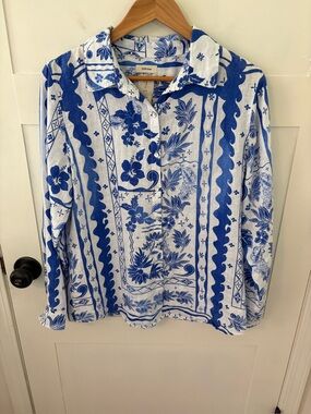 Joie Blue White Tropical Linen Shirt. Size Large.